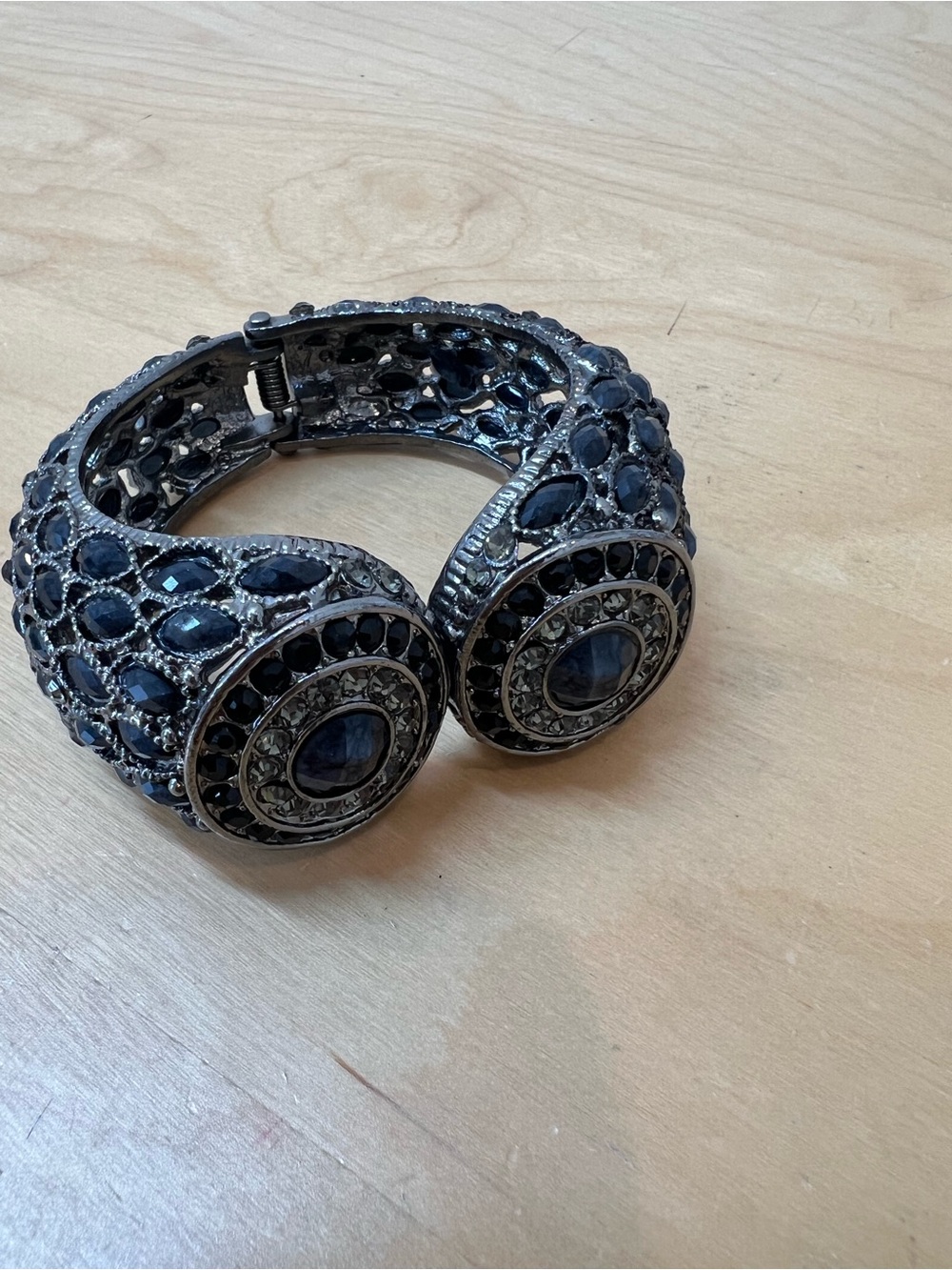 Vintage Statement bracelet Etruscan gunmetal with black crystals huge clamper.